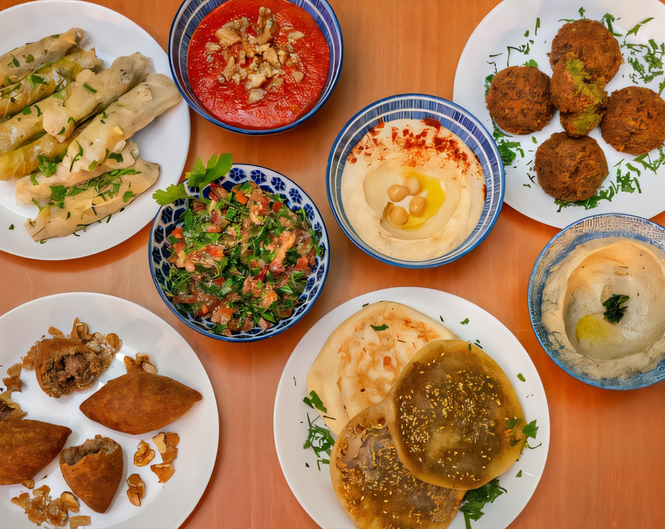 Hommus Falafel table: freshly made hummus, falafel, kibbeh, tabbouleh and safaieh