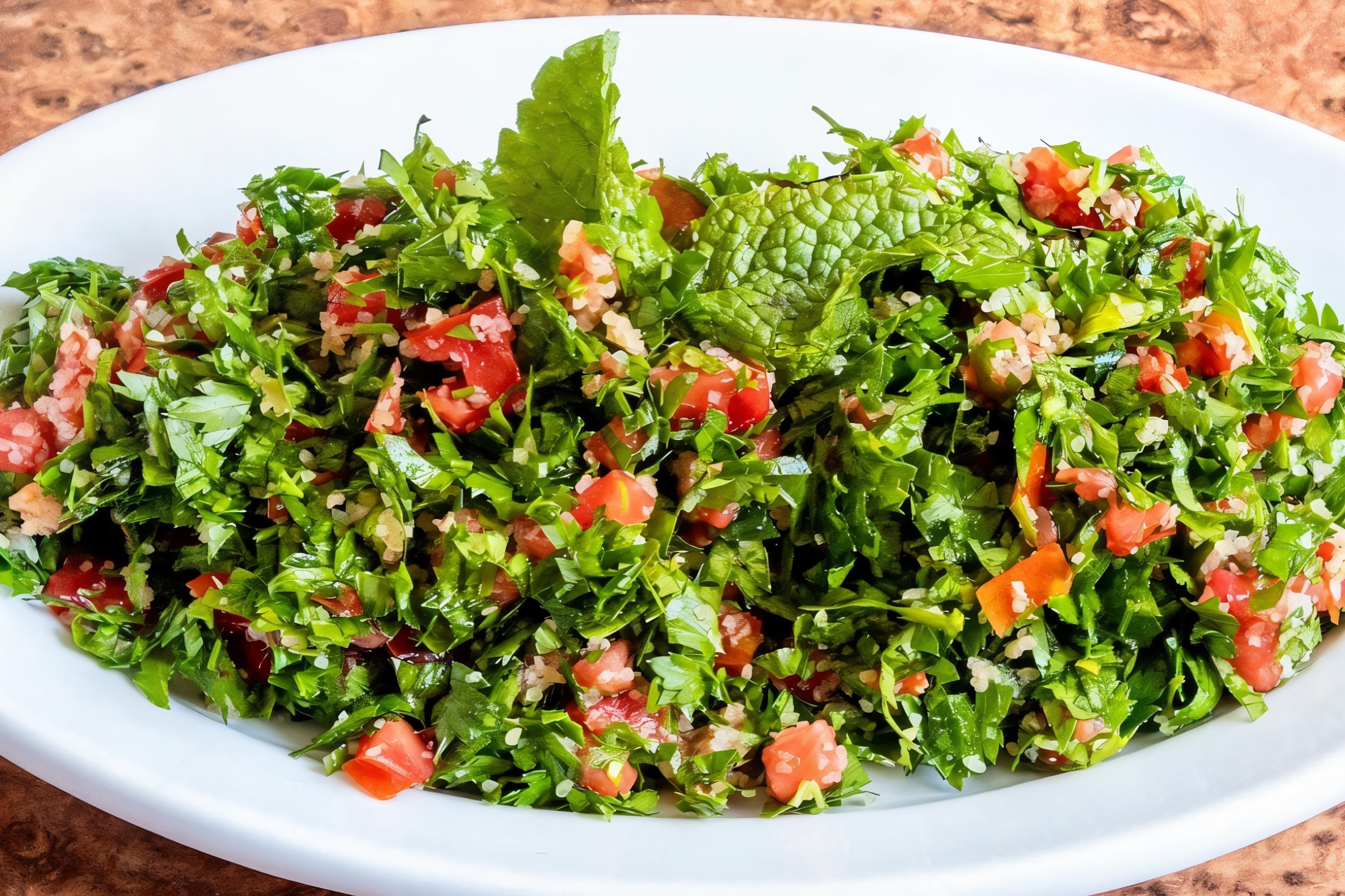 Ensalada tabulé con perejil, tomate y trigo